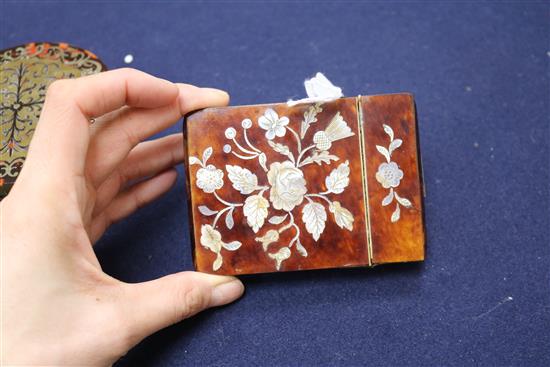 A tortoiseshell and mother of pearl card case, and a boullework box